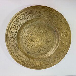 Vintage Brass Chinese Round Etched Dragon Design Plater Tray 10.875" across